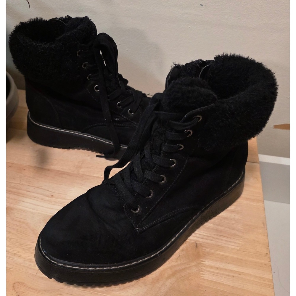 Madden Girl Women 9 Combat Boots Black Faux Fur Trim Platform Lace Up KYMBER